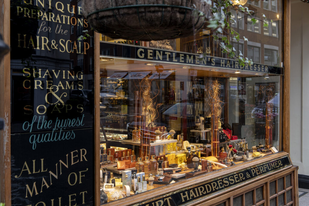 The storefront of Geo F. Trumper, Mayfair, a men’s barber and perfumer established in 1875.
